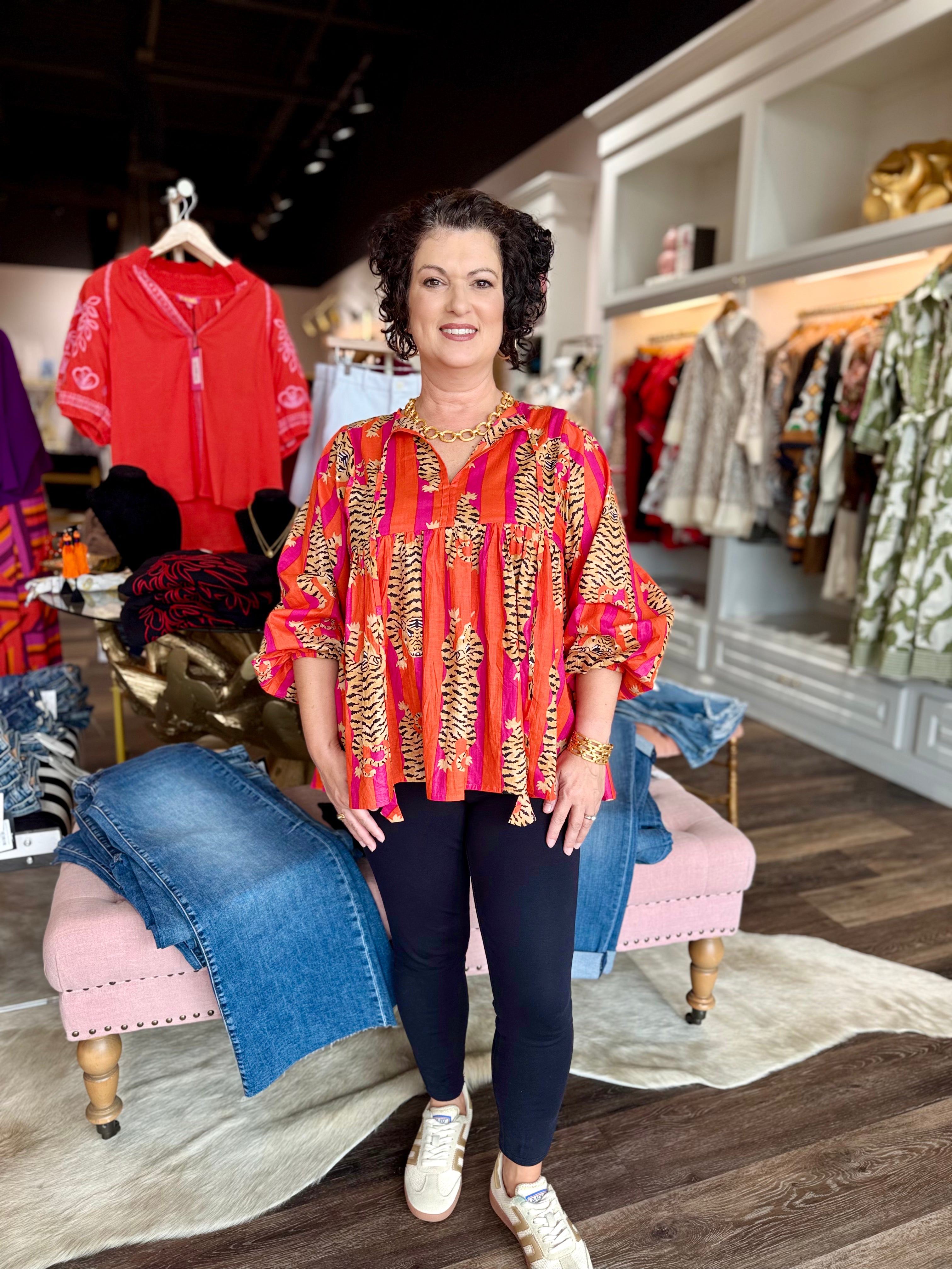 Orange Stripes Tiger Short Block Print Blouse