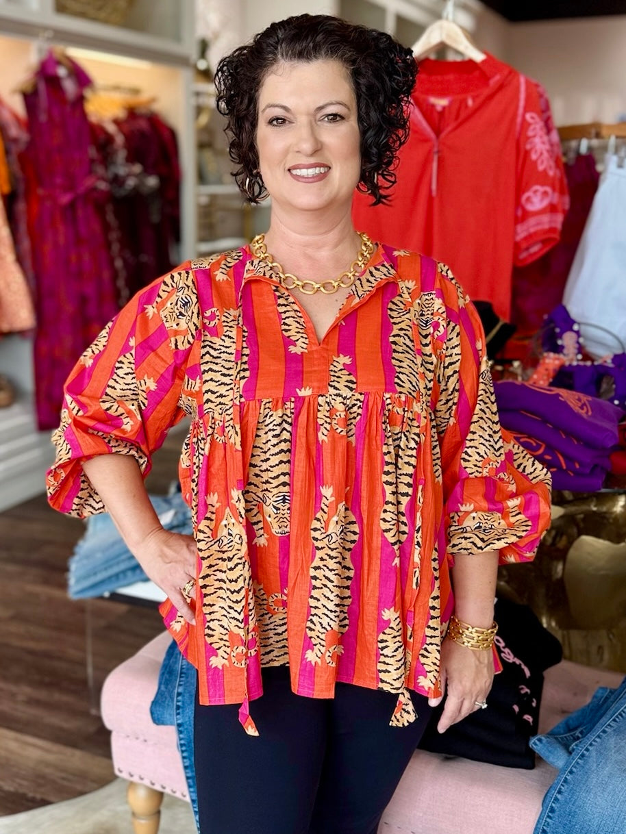 Orange Stripes Tiger Short Block Print Blouse