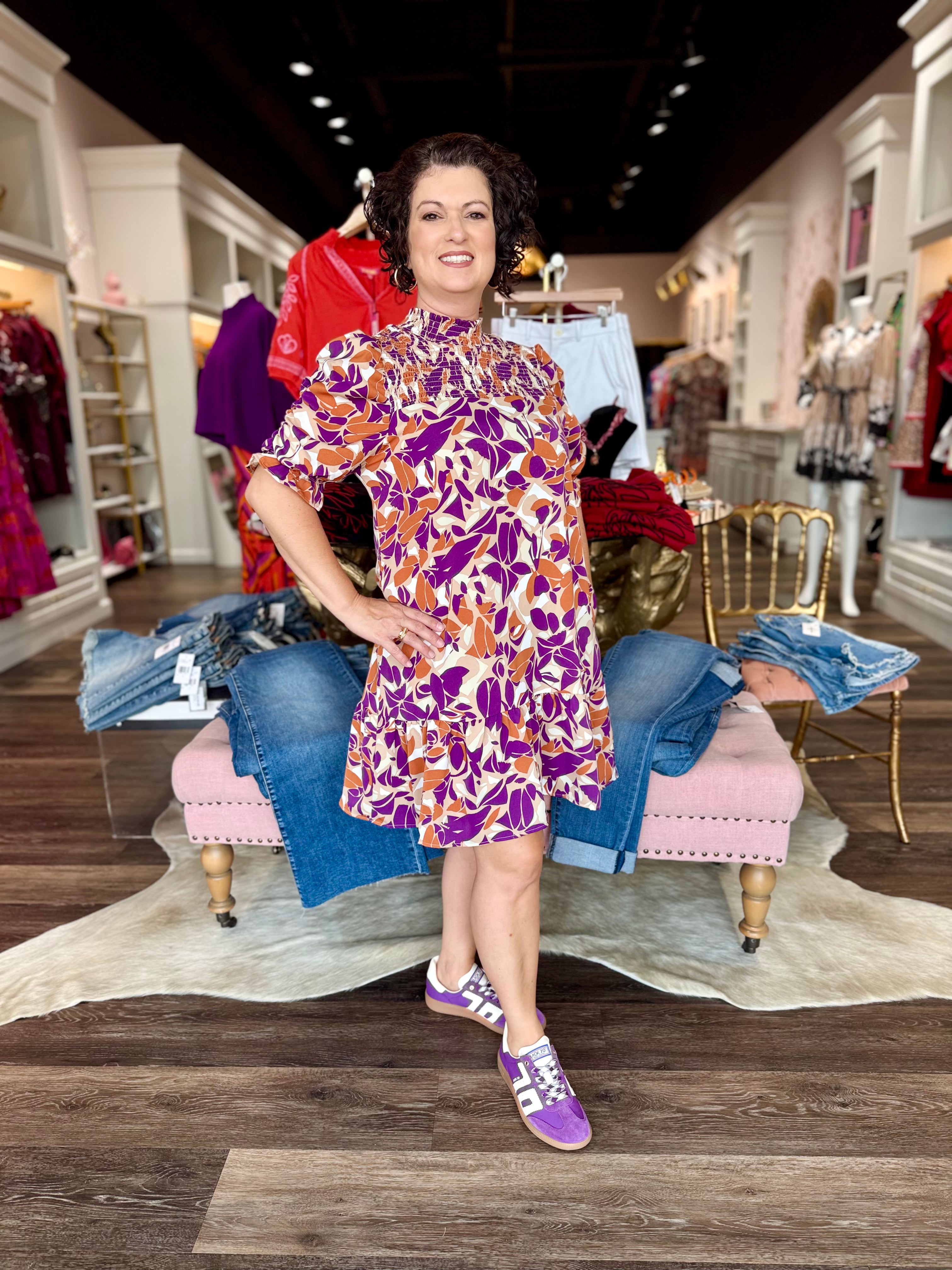 Leaf Print Short Sleeve Smock Dress Purple/Orange