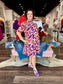 Leaf Print Short Sleeve Smock Dress Purple/Orange