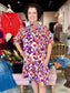 Leaf Print Short Sleeve Smock Dress Purple/Orange