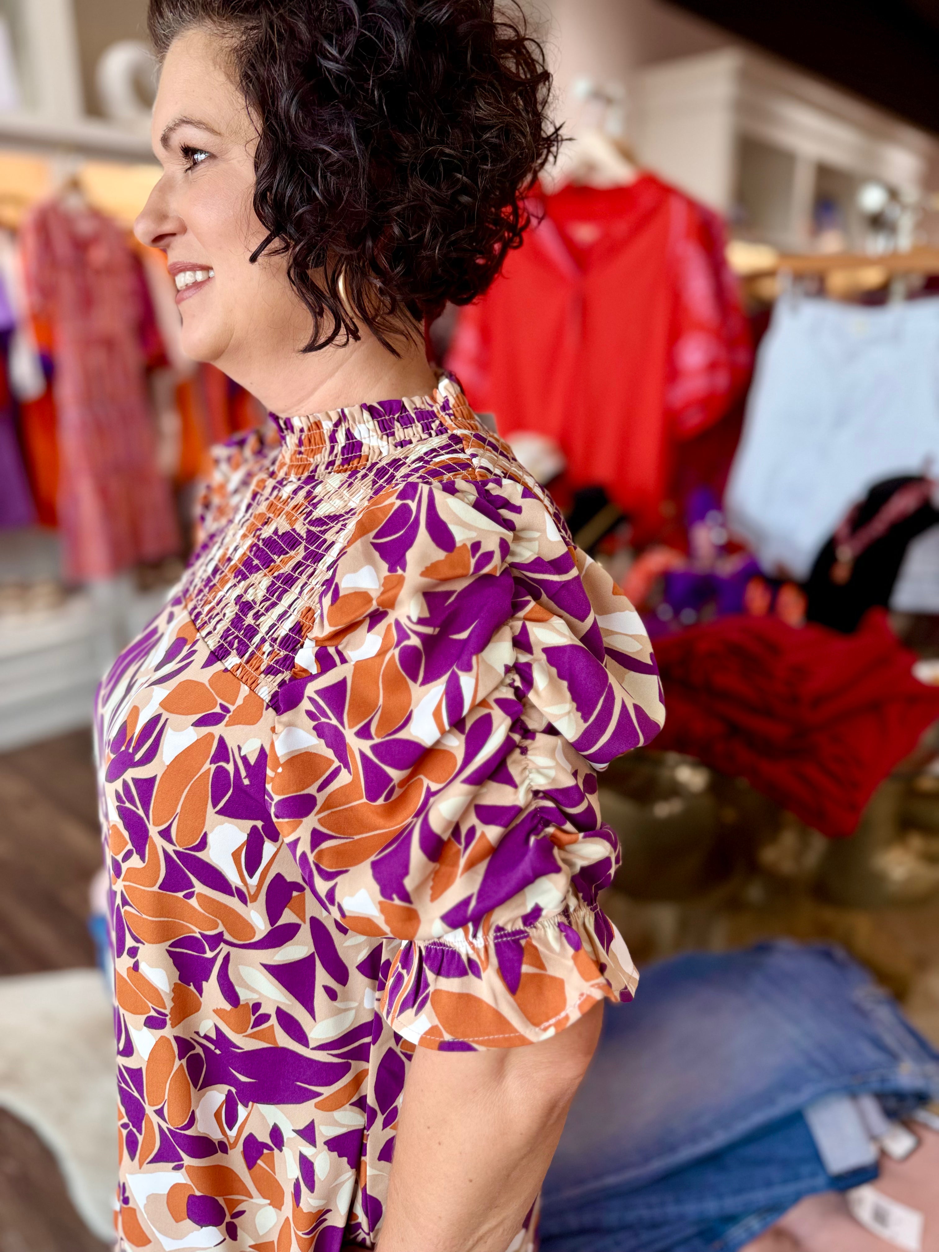 Leaf Print Short Sleeve Smock Dress Purple/Orange