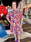 Leaf Print Short Sleeve Smock Dress Purple/Orange