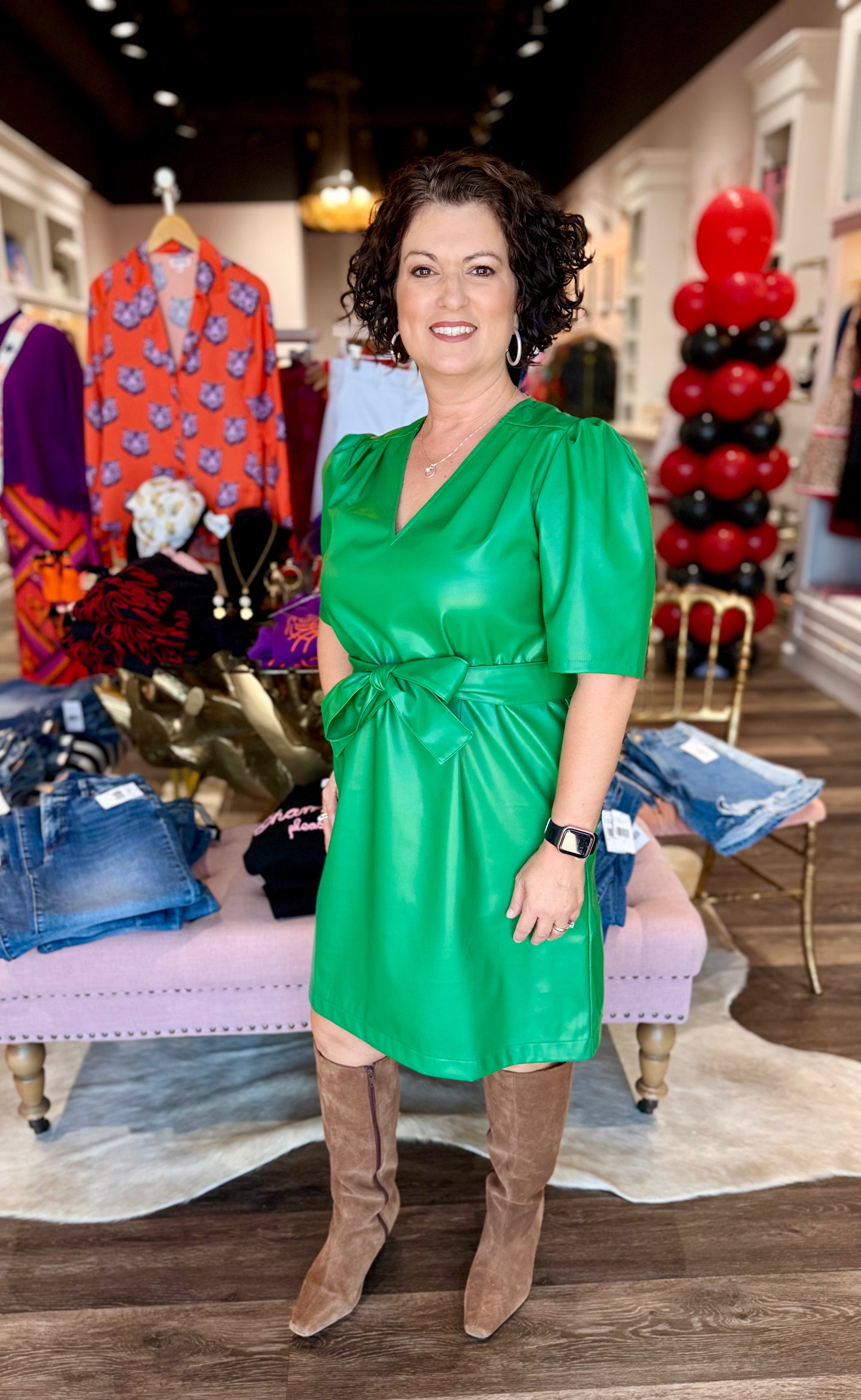 Jade Vegan Leather V Neck Dress Green