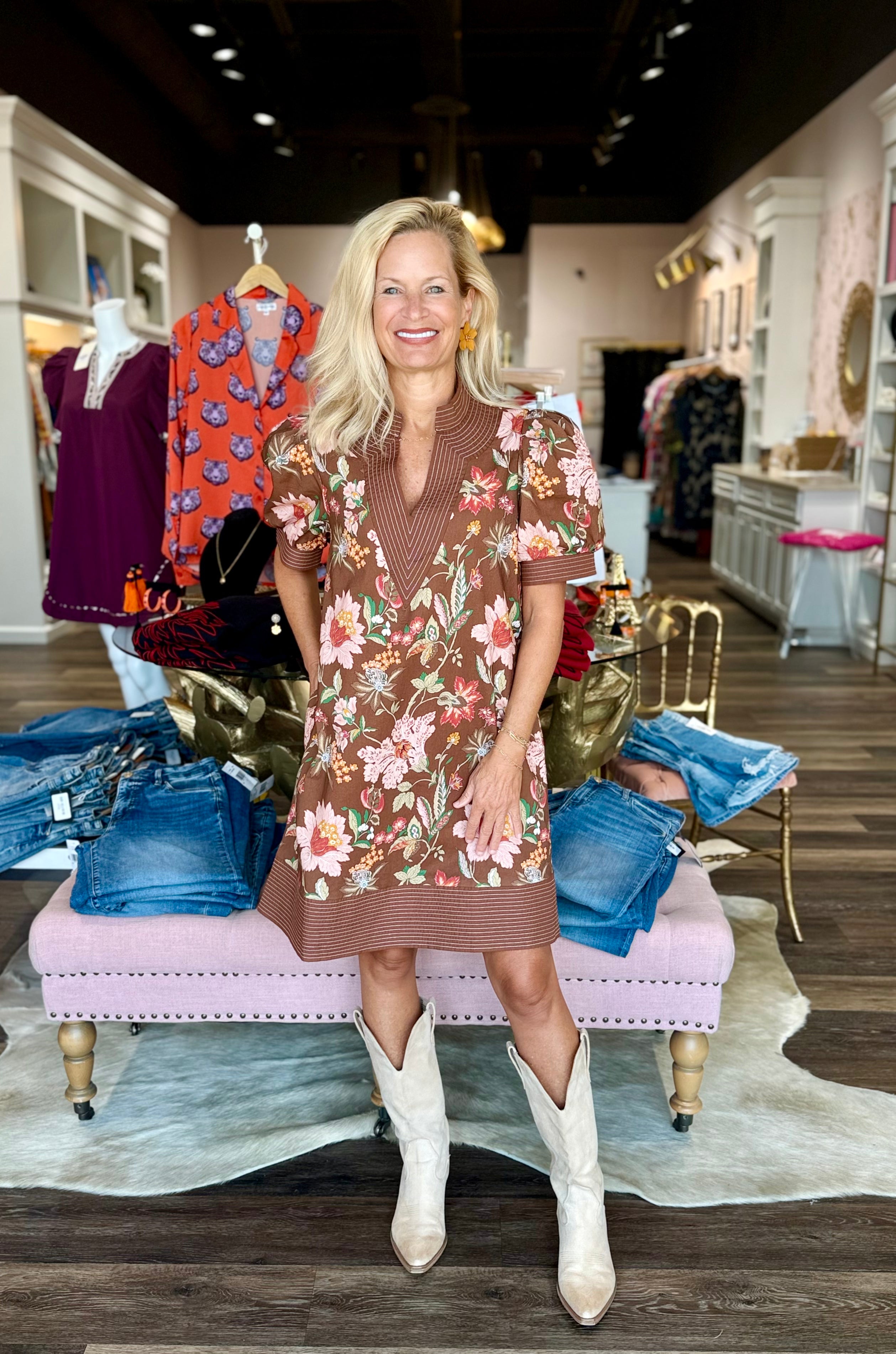 Floral Puff Sleeve Mini Dress Brown