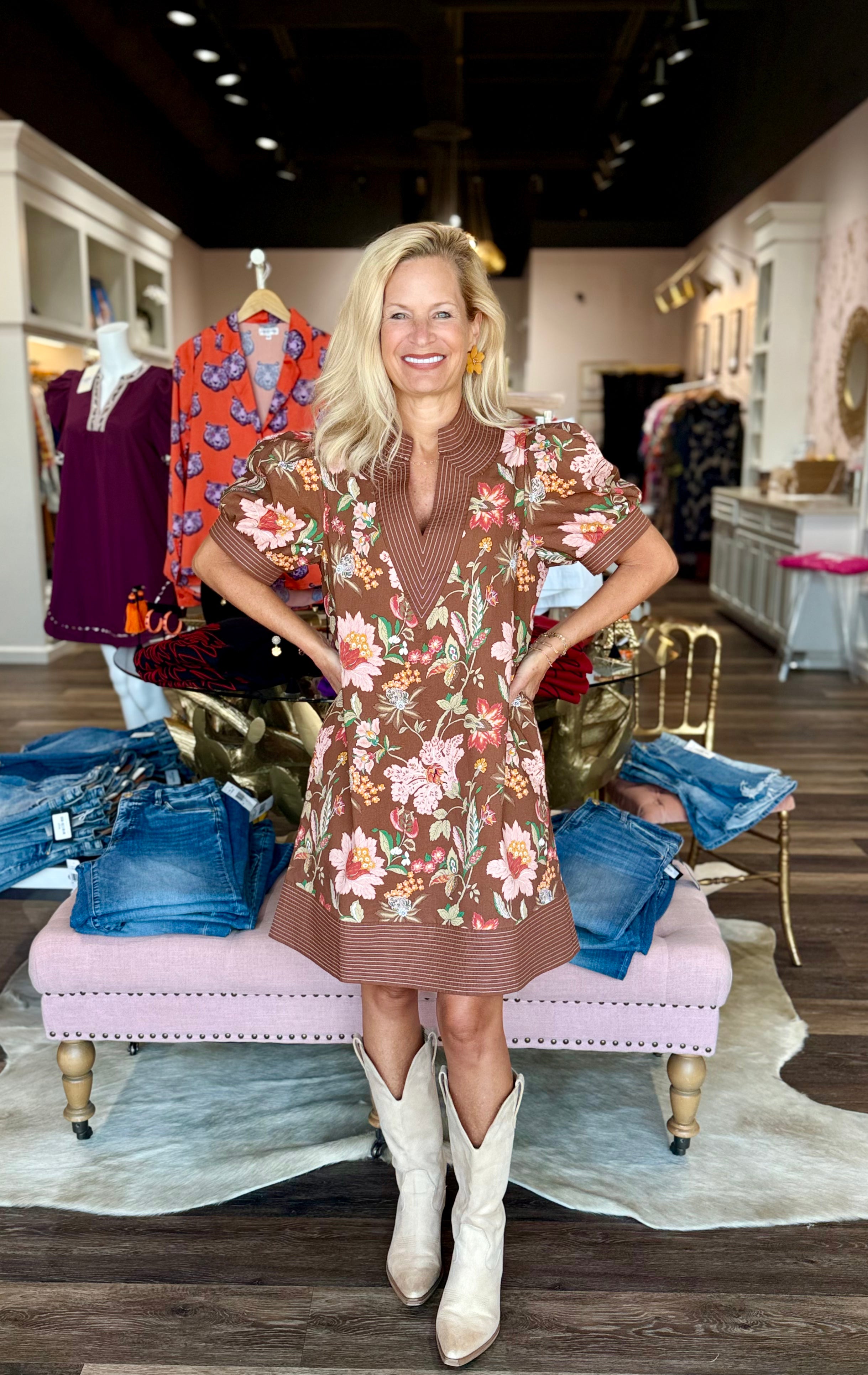 Floral Puff Sleeve Mini Dress Brown