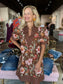 Floral Puff Sleeve Mini Dress Brown