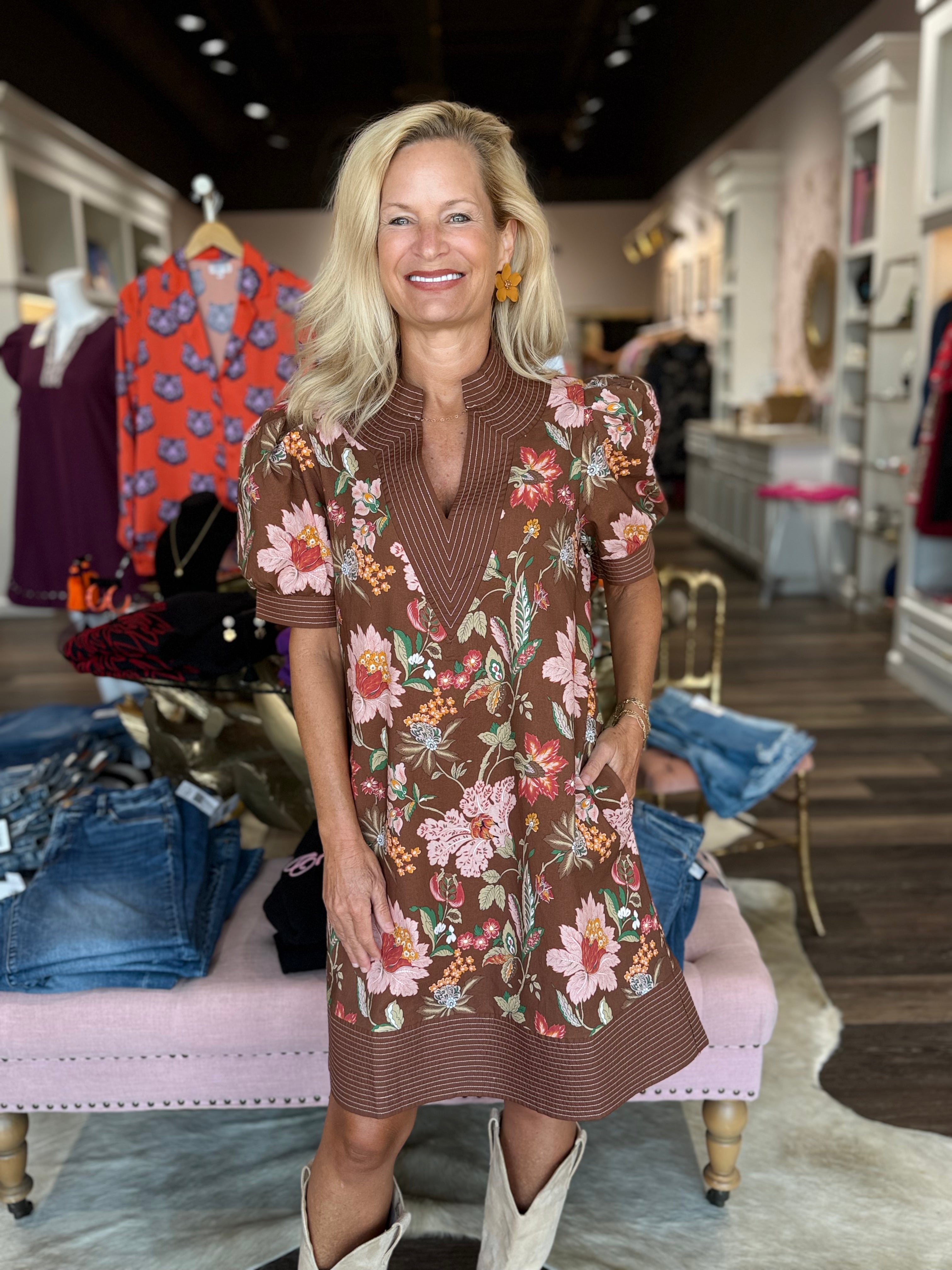 Floral Puff Sleeve Mini Dress Brown