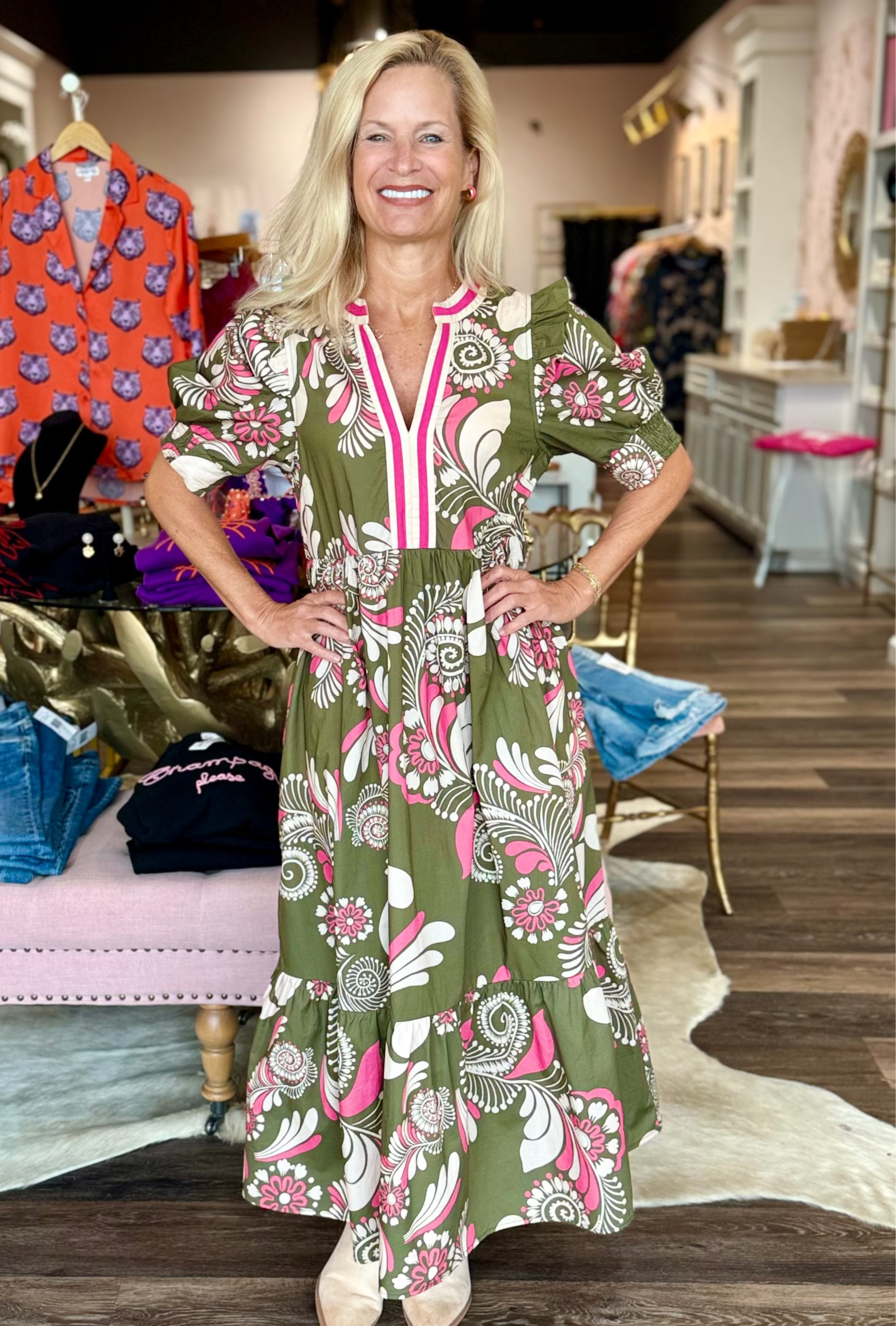 Paisley Tiered Midi Dress Olive