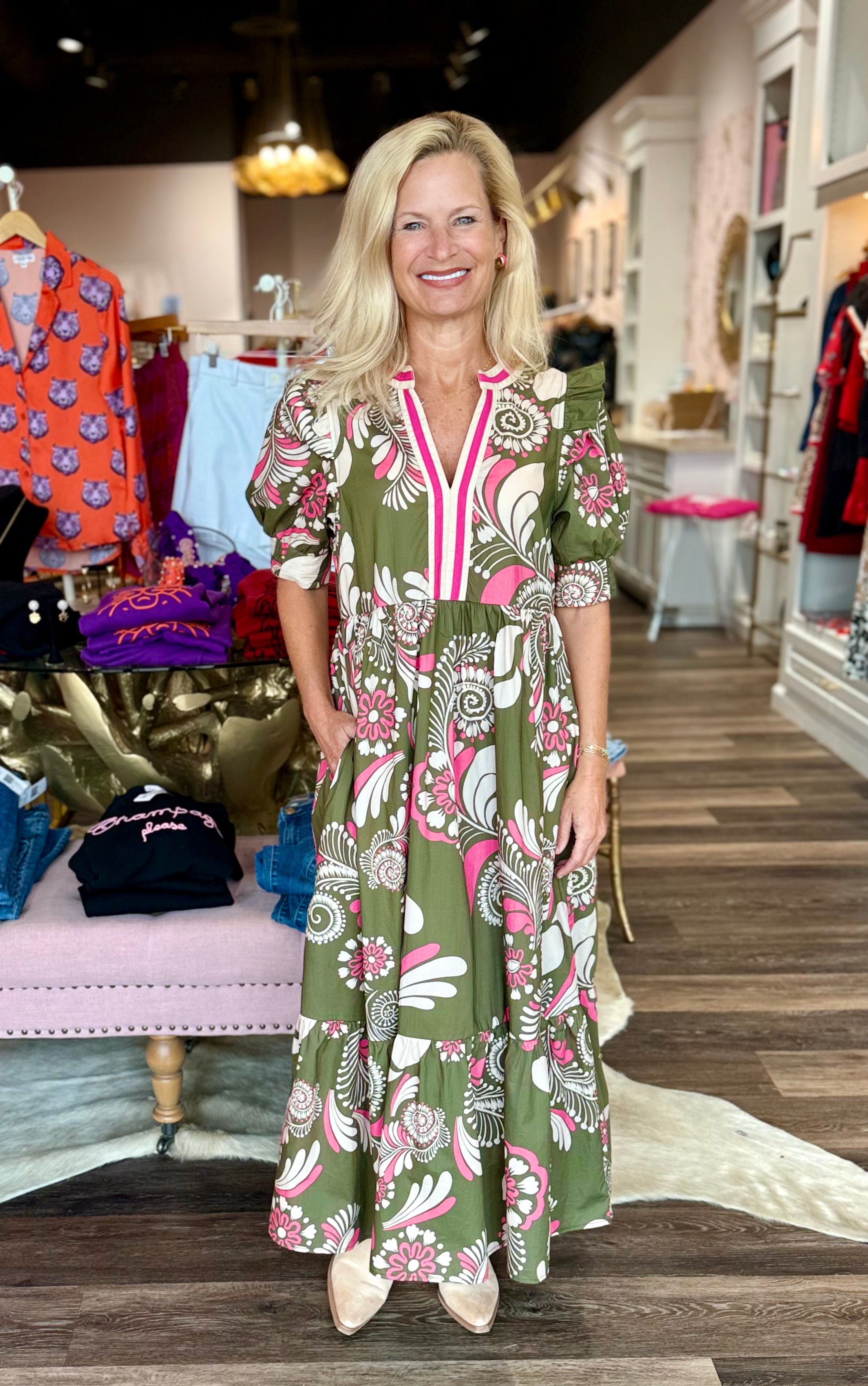 Paisley Tiered Midi Dress Olive