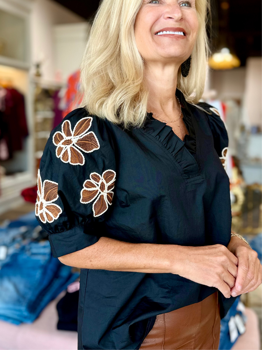 Ruffle Accent Embroidered Top Black