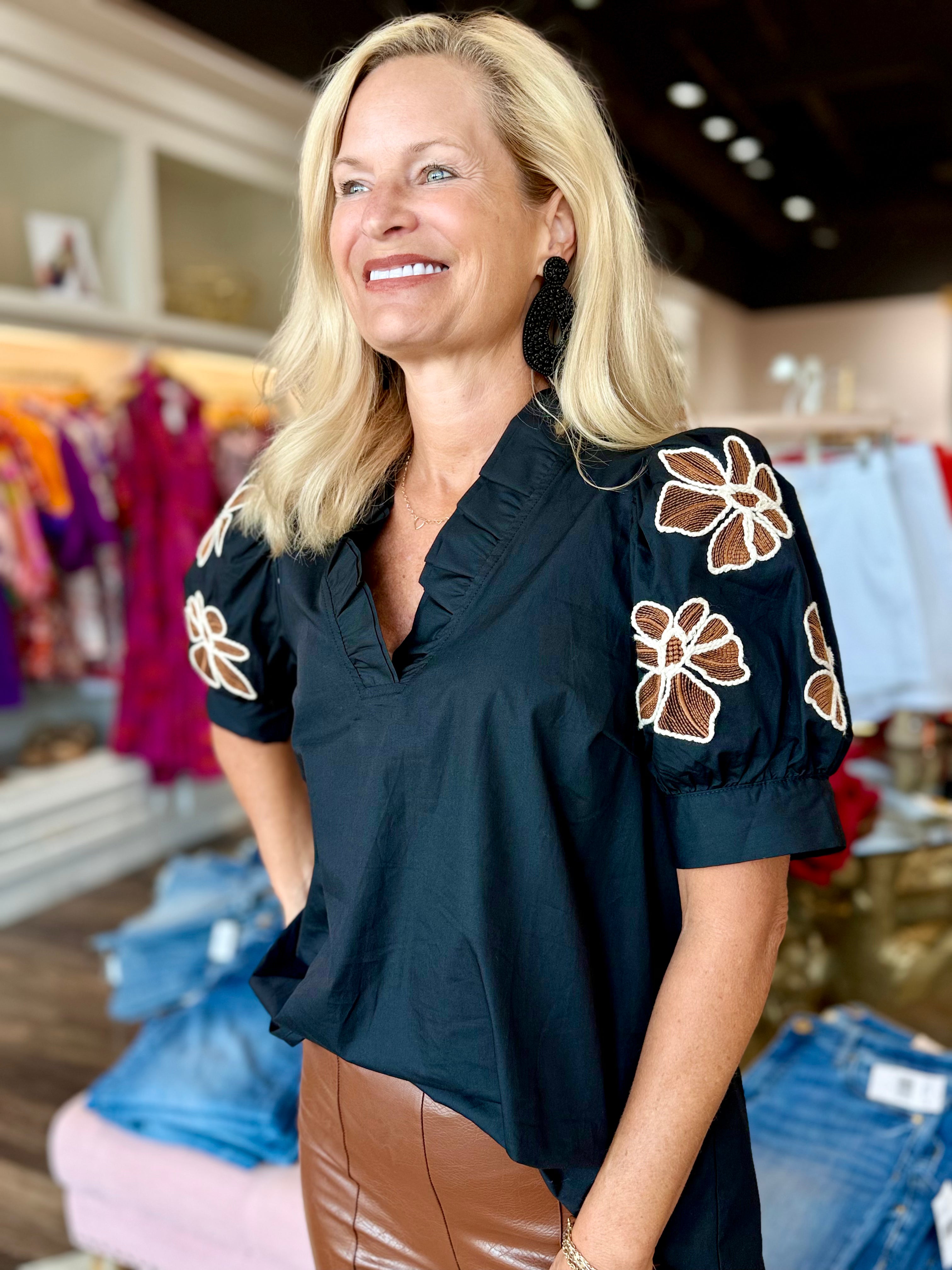 Ruffle Accent Embroidered Top Black