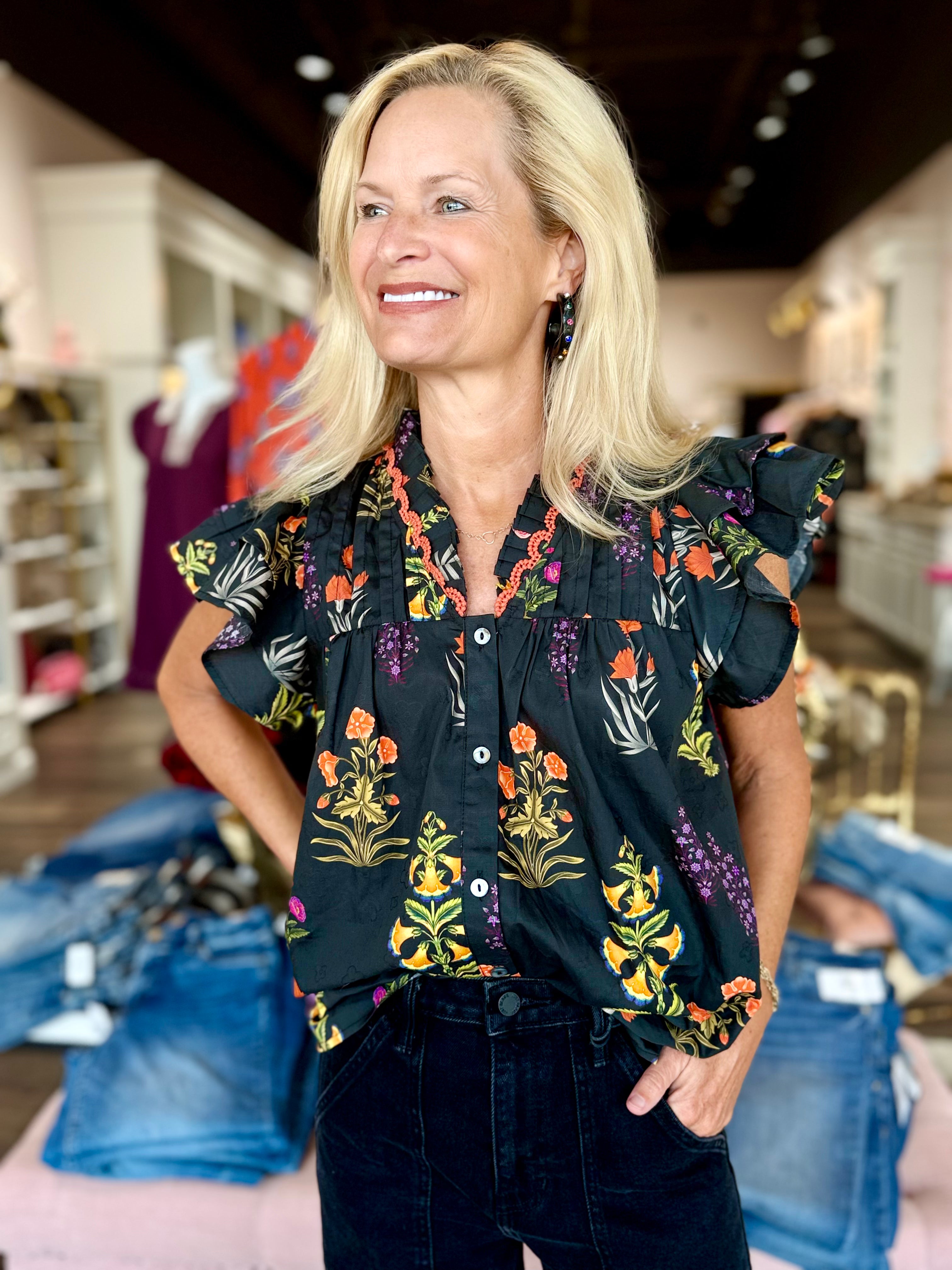 Botanical Flutter Sleeve Pintuck Top Black