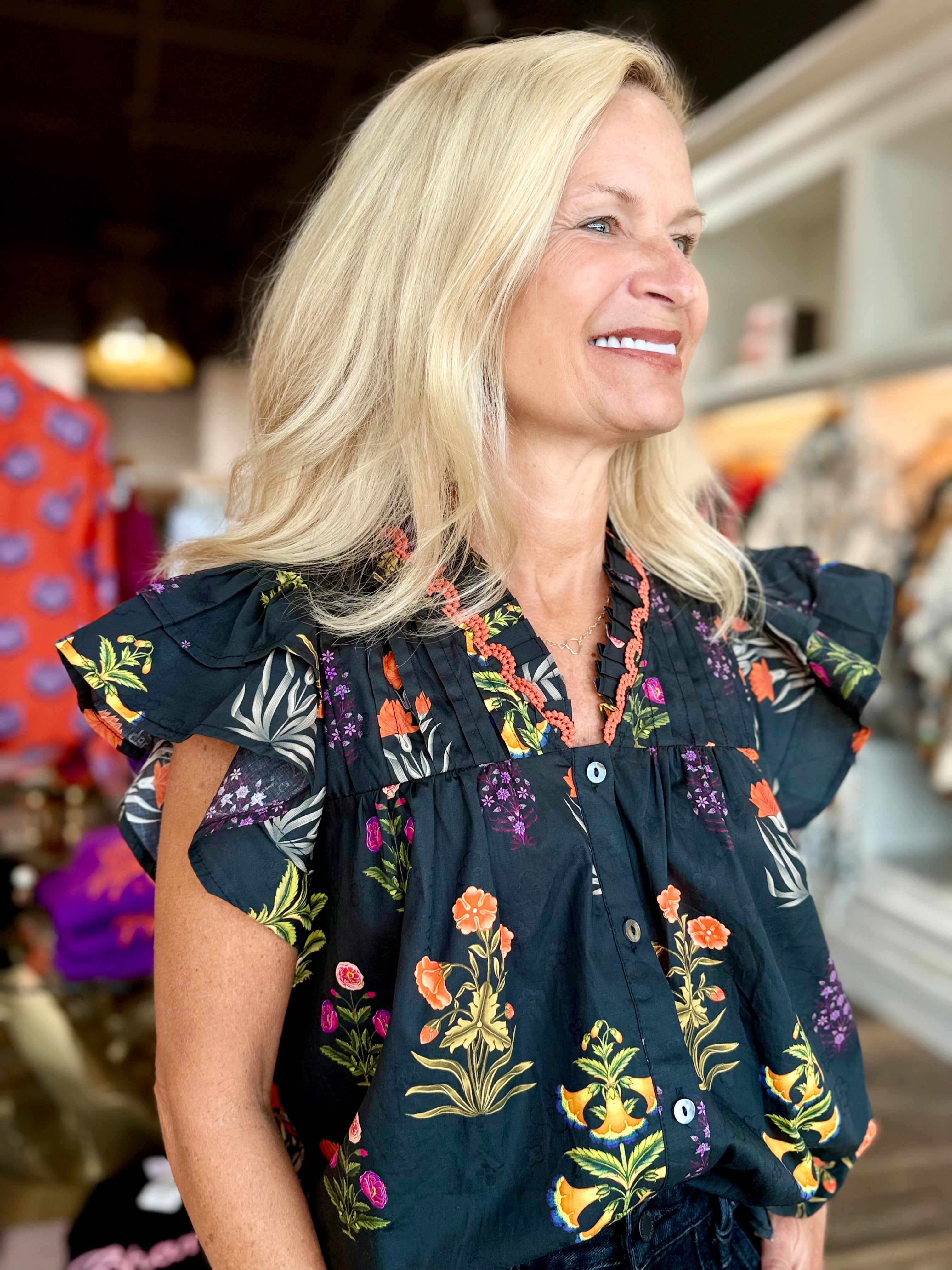 Botanical Flutter Sleeve Pintuck Top Black