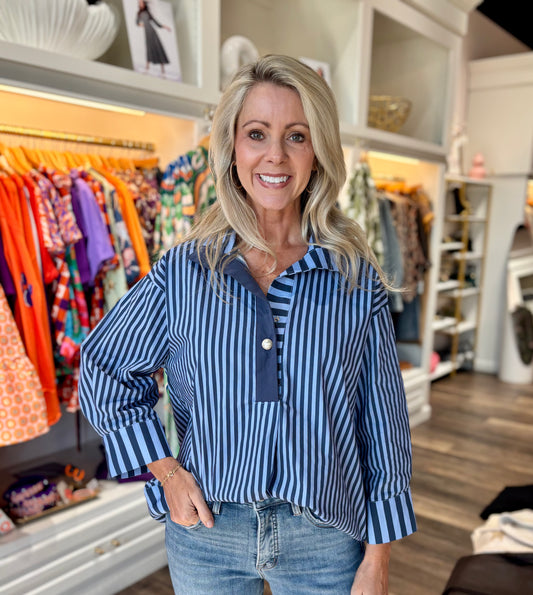 Striped Pearl Button Blouse Navy