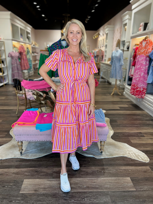 Striped Orange and Purple Midi Dress