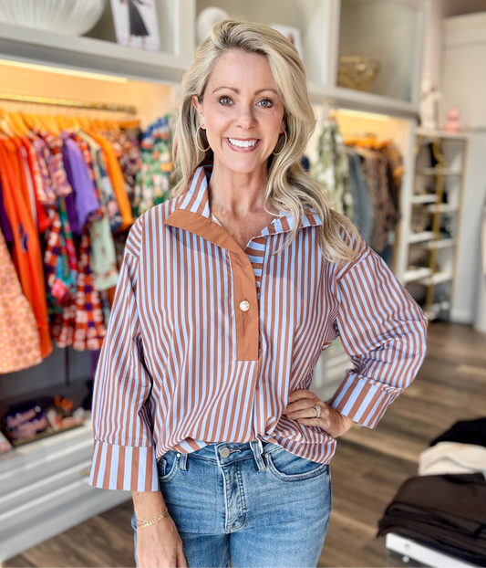 Striped Pearl Button Blouse Camel