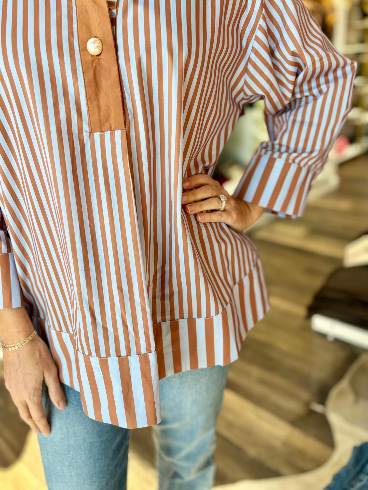 Striped Pearl Button Blouse Camel