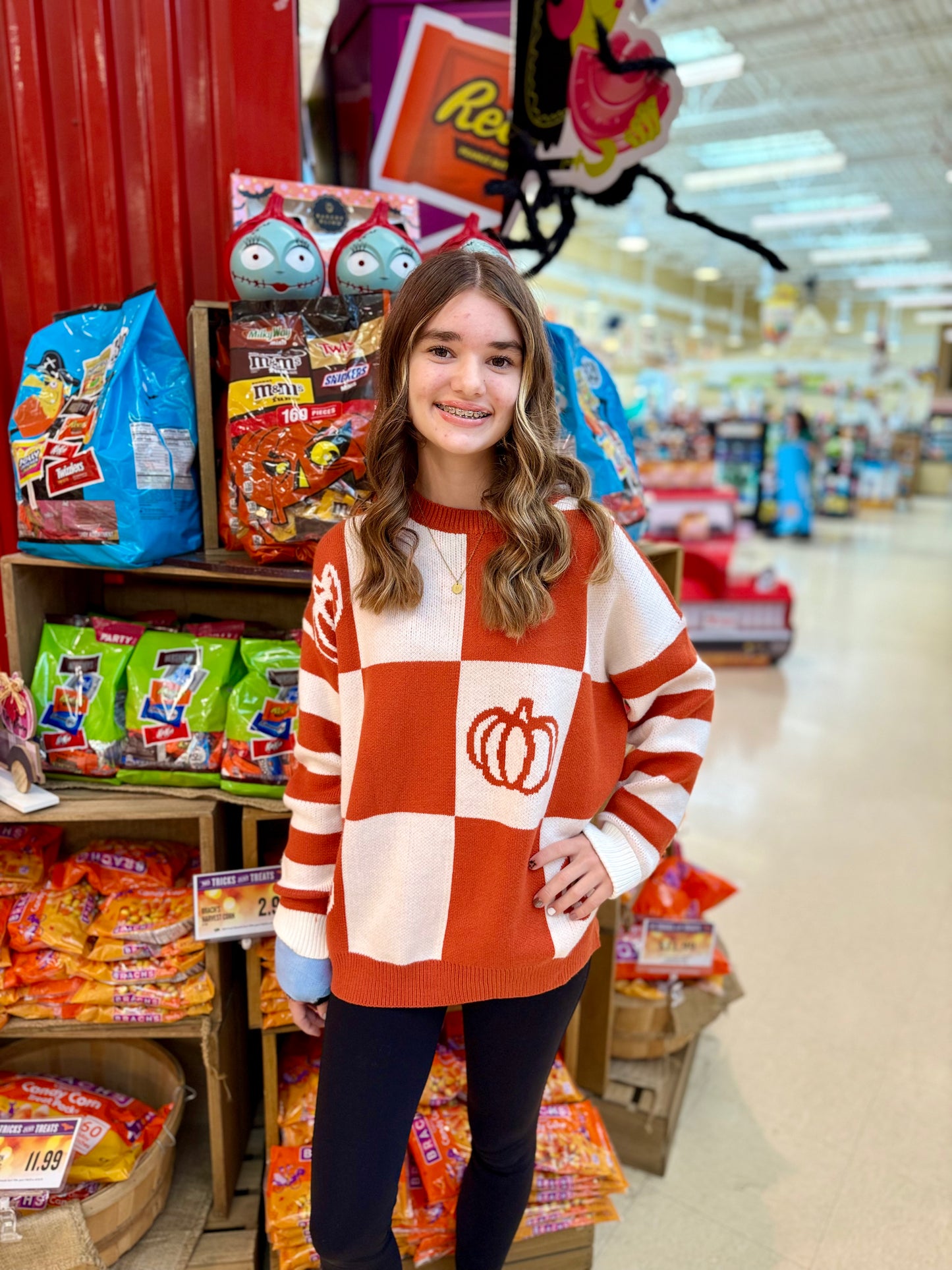 Ribbed Crew Neck Checkerboard/Stripe Sweater