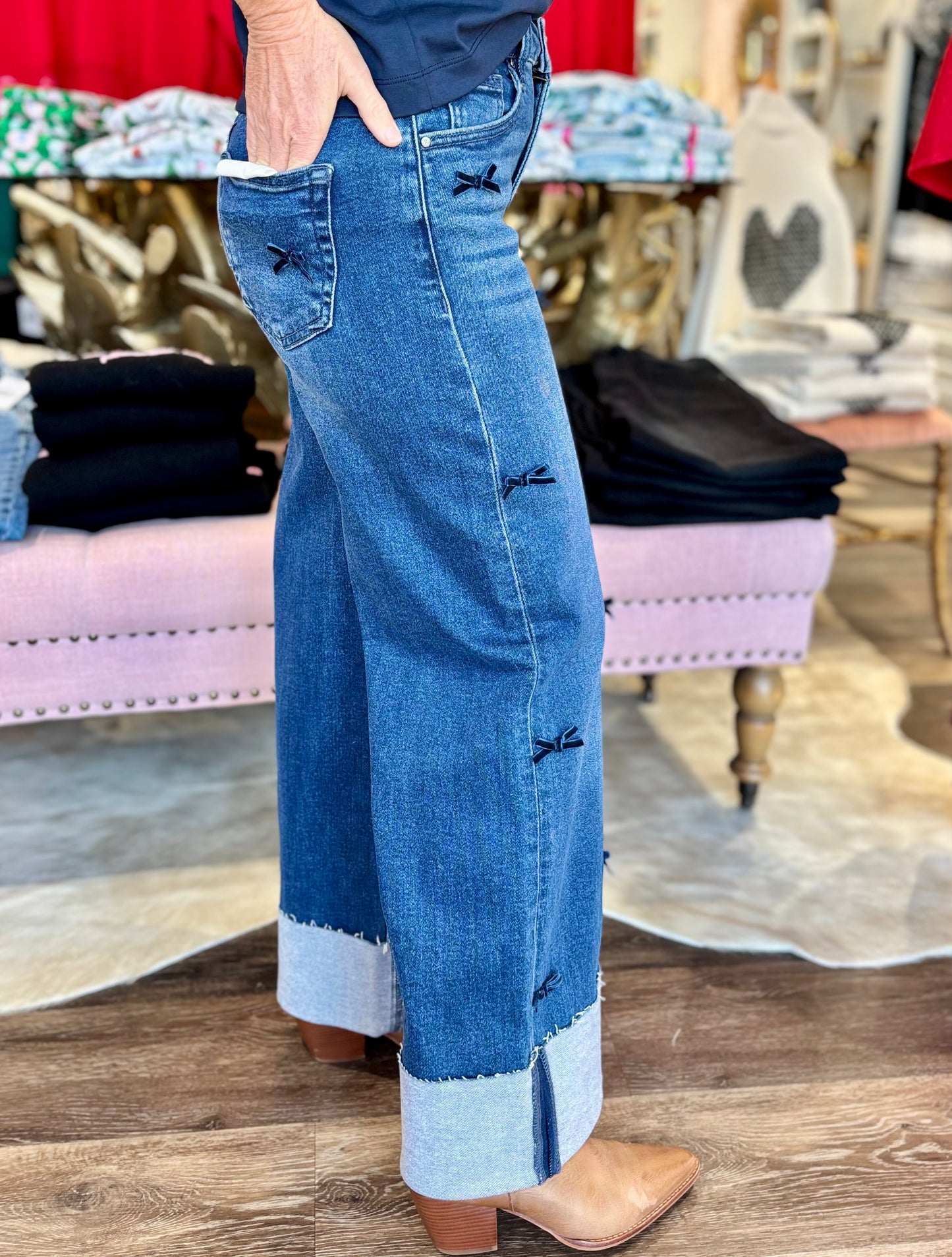 Risen High Rise Crop Wide Ribbon Jeans