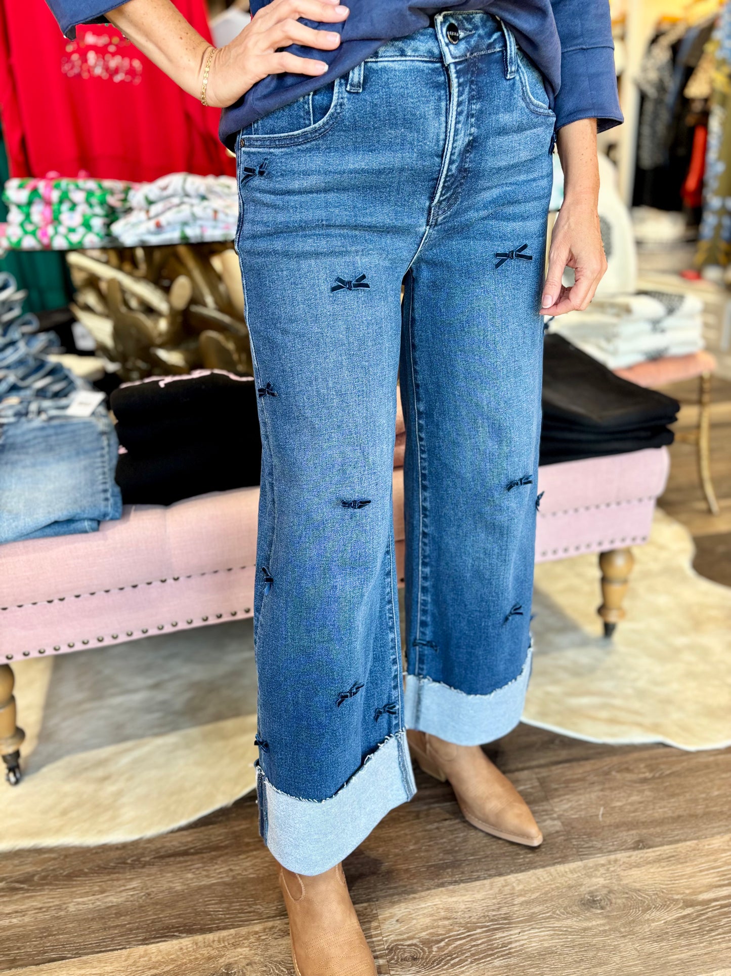 Risen High Rise Crop Wide Ribbon Jeans