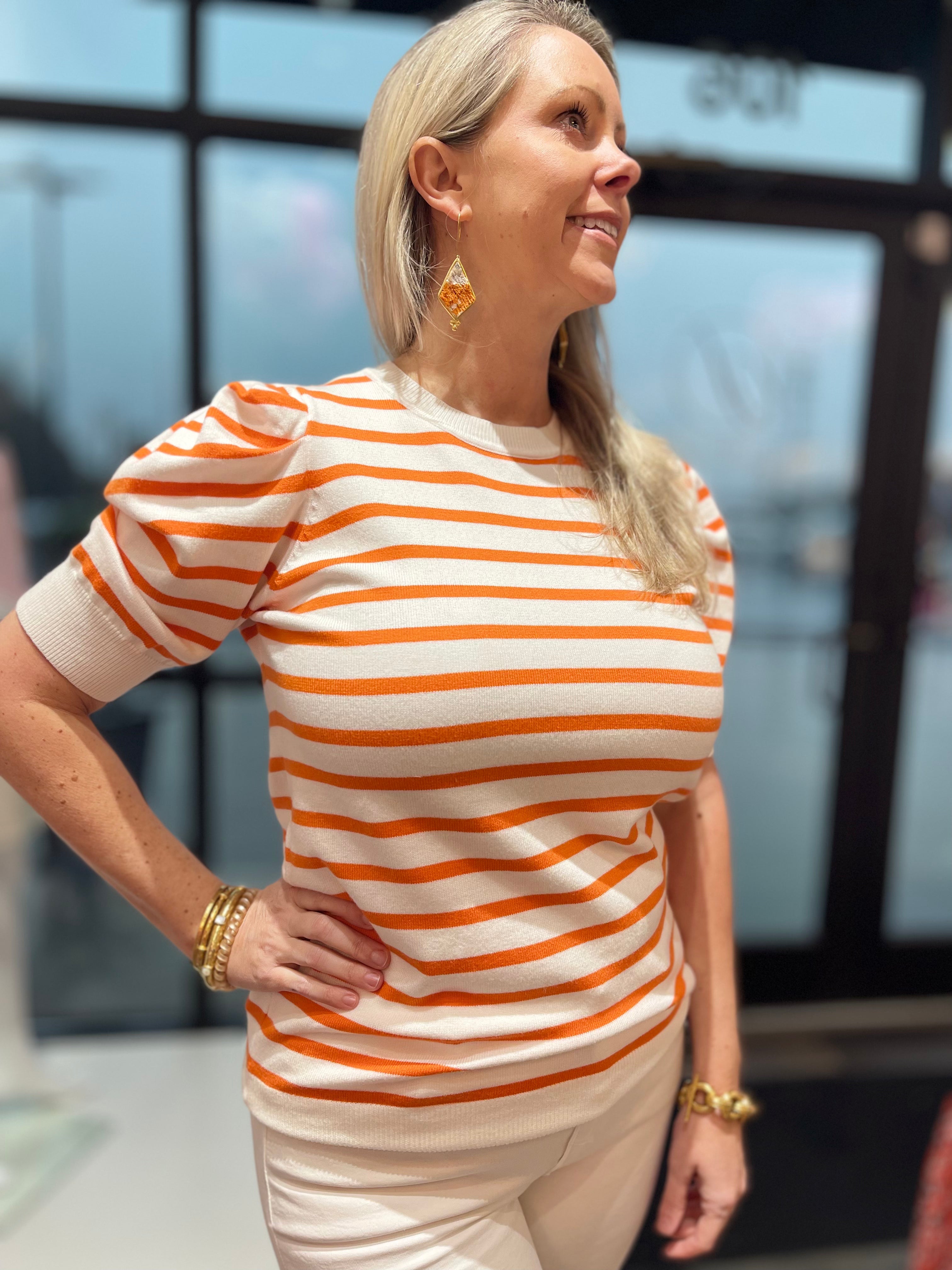 Puff short sleeve sweater top orange and white