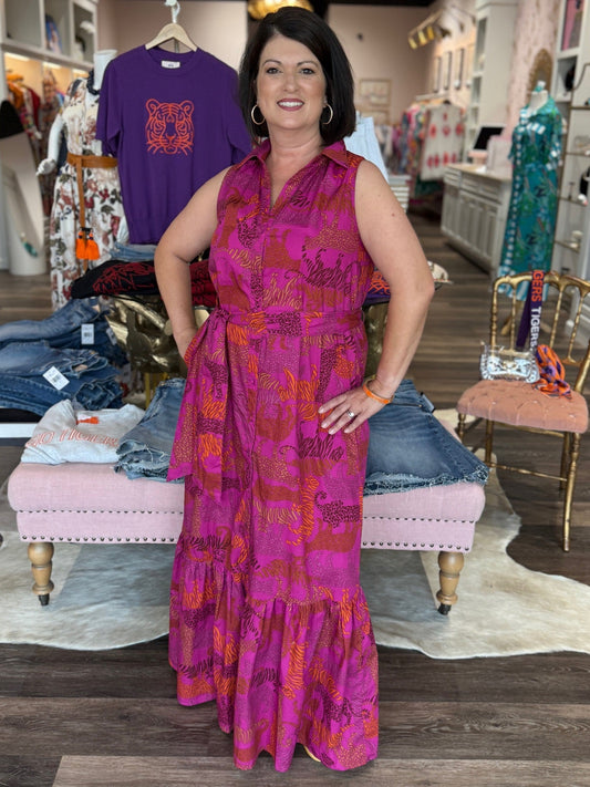 In the Jungle Cileah Collared Maxi Dress: Magenta