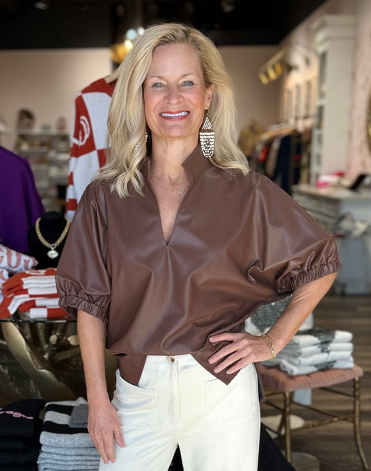Puff Sleeve Faux Leather Top Brown