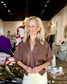 Puff Sleeve Faux Leather Top Brown