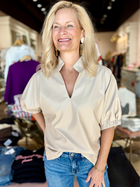 Puff Sleeve Faux Leather Top Ecru