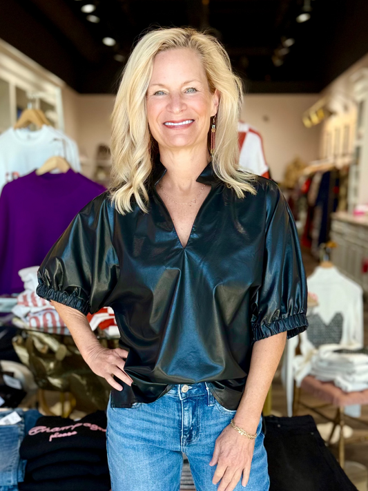 Puff Sleeve Faux Leather Top Black