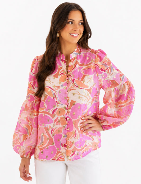 Jade Buttons Stand Collar Top Golden Haze