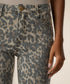 Kut Kelsey High Rise Ankle Flare jeans close-up showing tan and gray leopard print denim with gold hardware waist button.