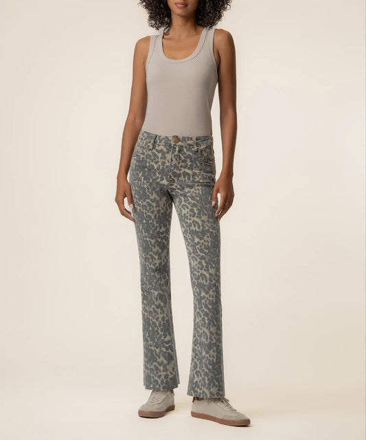 Kut Kelsey High Rise Ankle Flare jeans in blue-gray leopard print, worn with gray tank top and sneakers, front view.