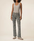 Kut Kelsey High Rise Ankle Flare jeans in blue-gray leopard print, worn with gray tank top and sneakers, front view.