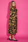 Alden Adair Darby Coat Noir Cat: a long tiger-print coat with black slingback heels and red collar detail.