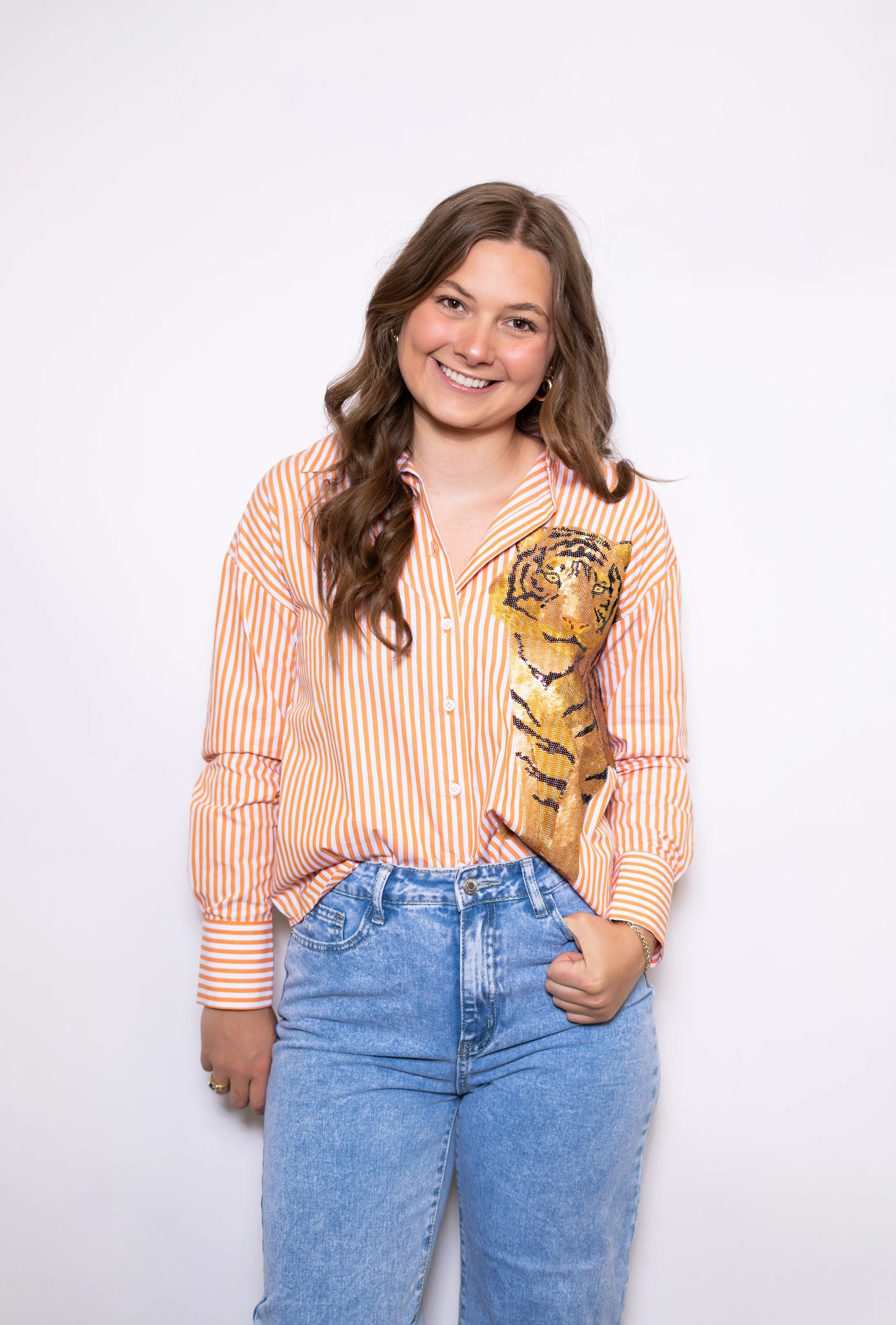 Striped Button Down Sequin Tiger