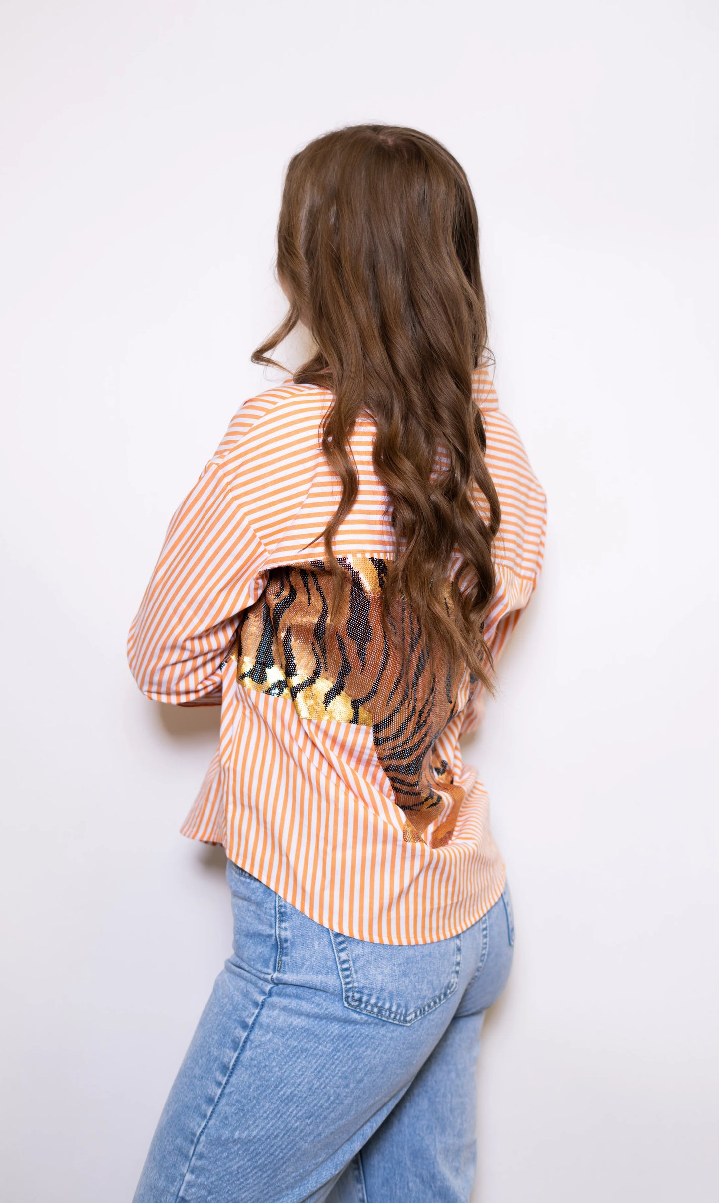 Striped Button Down Sequin Tiger