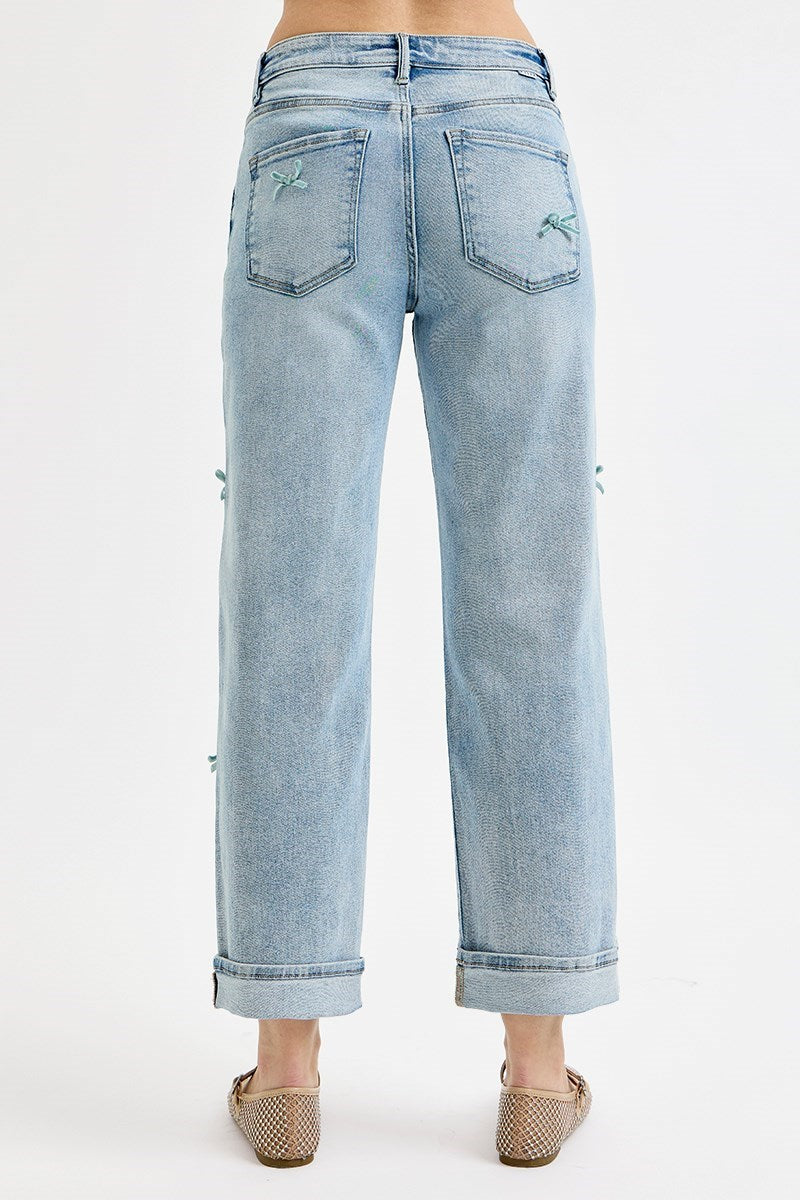 Risen High Rise Crop Barrel Ribbon Jeans