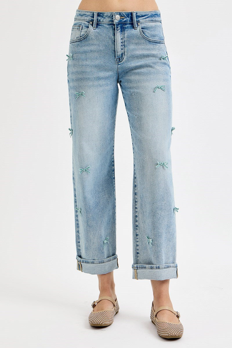 Risen High Rise Crop Barrel Ribbon Jeans