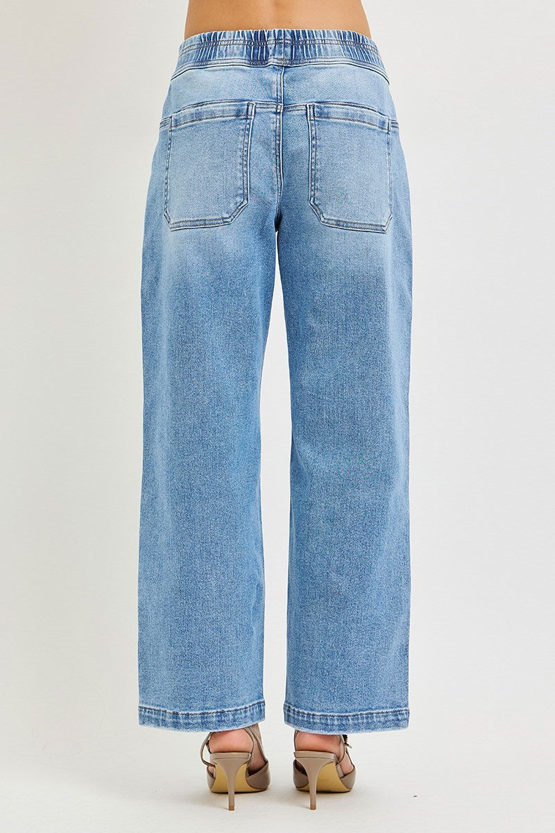 Risen Elastic Band Slouchy Cropped Baggy Jeans With Patch Pockets