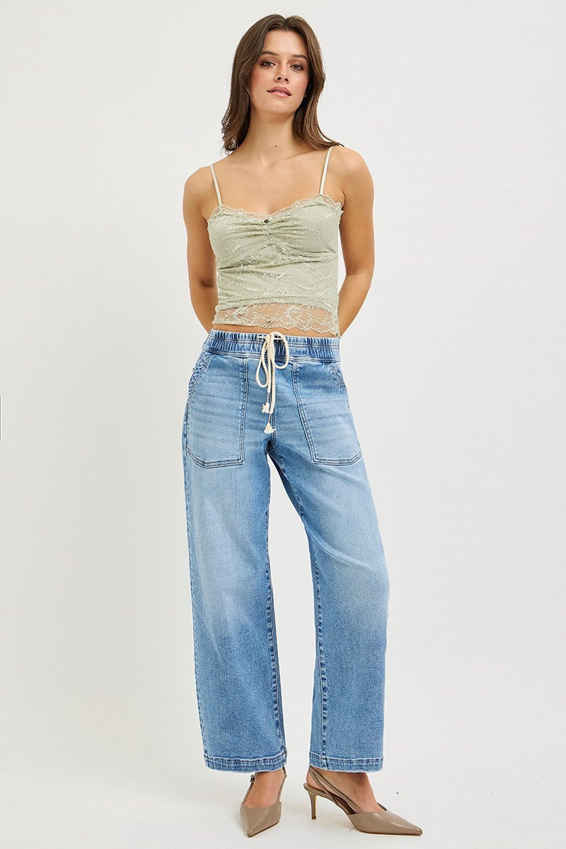 Risen Elastic Band Slouchy Cropped Baggy Jeans With Patch Pockets