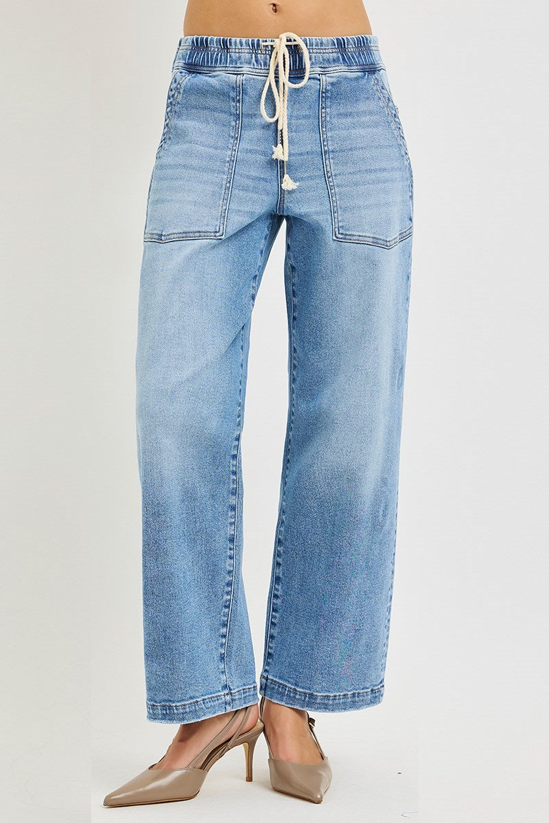 Risen Elastic Band Slouchy Cropped Baggy Jeans With Patch Pockets