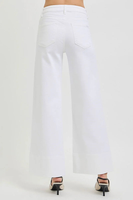 Risen Tummy Control Wide Leg Cropped Jeans with Wide Hem White