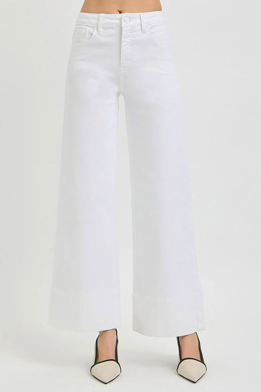 Risen Tummy Control Wide Leg Cropped Jeans with Wide Hem White