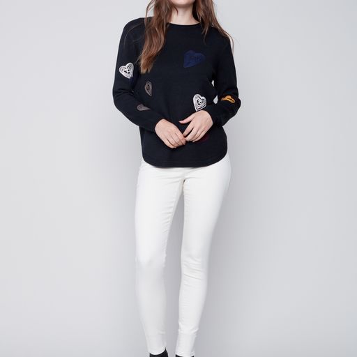 Crew Neck Embroidered Heart Round Hem Sweater Black - Charlie B