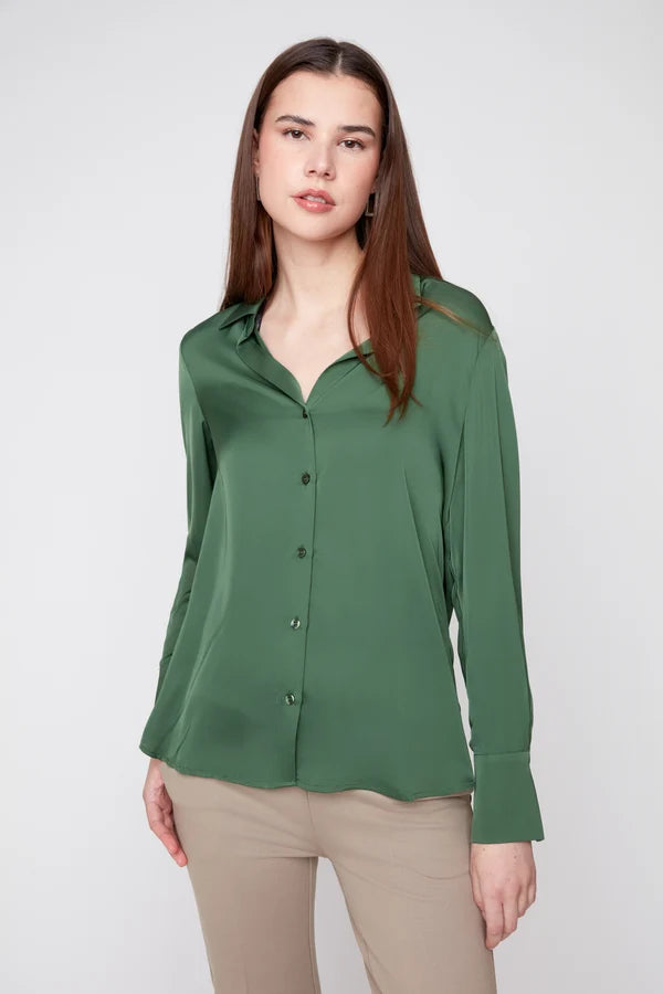 Renuar Silky Satin Button Down Blouse Olive