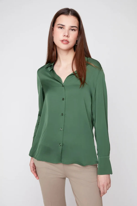 Renuar Silky Satin Button Down Blouse Olive