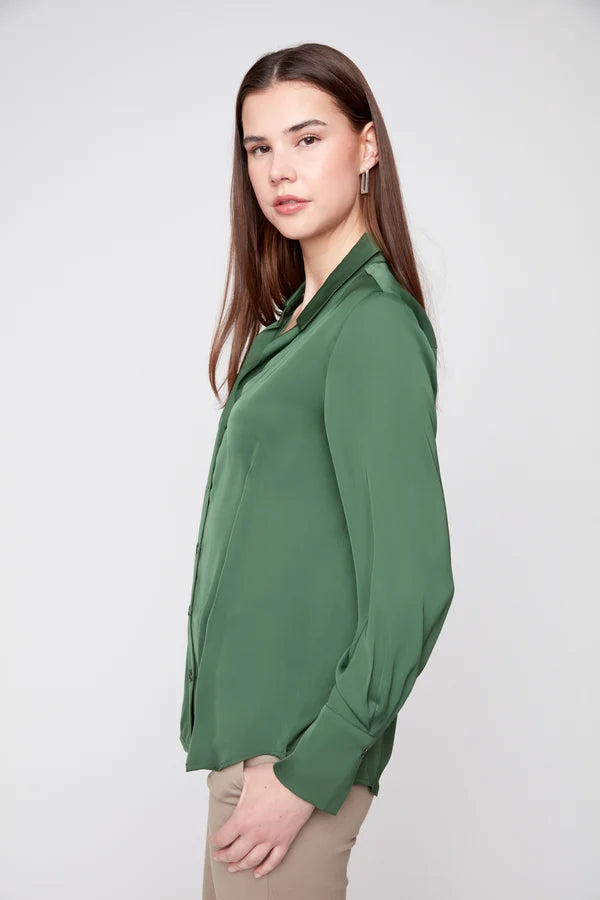 Renuar Silky Satin Button Down Blouse Olive