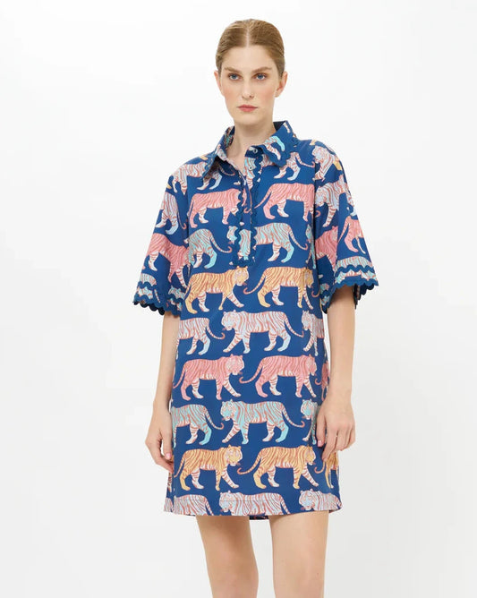 Oliphant Raj Navy Tiger Print Cotton Dress